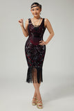 Burgundy Fringed Bodycon Sequins 1920s Dress with 5-Piece Accessories Set