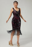 Burgundy Fringed Bodycon Sequins 1920s Dress with 5-Piece Accessories Set