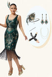 Sparkly Dark Green Bodycon Fringed 1920s Dress with 5-Piece Accessories Set
