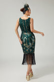 Sparkly Dark Green Bodycon Fringed 1920s Dress with 5-Piece Accessories Set