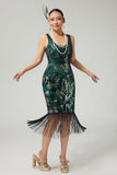 Sparkly Dark Green Bodycon Fringed 1920s Dress with 5-Piece Accessories Set