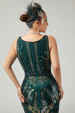 Sparkly Dark Green Bodycon Fringed 1920s Dress with 5-Piece Accessories Set