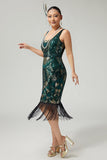 Sparkly Dark Green Bodycon Fringed 1920s Dress with 5-Piece Accessories Set