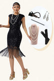 Black Sequins Bodycon Fringed 1920s Dress with 5-Piece Accessories Set