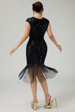 Black Sequins Bodycon Fringed 1920s Dress with 5-Piece Accessories Set