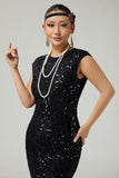 Black Sequins Bodycon Fringed 1920s Dress with 5-Piece Accessories Set