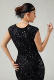 Black Sequins Bodycon Fringed 1920s Dress with 5-Piece Accessories Set