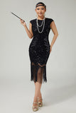 Black Sequins Bodycon Fringed 1920s Dress with 5-Piece Accessories Set