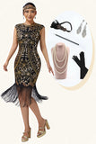 Black Golden Bodycon Fringed Sequins 1920s Dress with 5-Piece Accessories Set