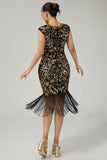 Black Golden Bodycon Fringed Sequins 1920s Dress with 5-Piece Accessories Set