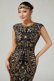 Black Golden Bodycon Fringed Sequins 1920s Dress with 5-Piece Accessories Set