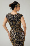 Black Golden Bodycon Fringed Sequins 1920s Dress with 5-Piece Accessories Set