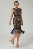 Black Golden Bodycon Fringed Sequins 1920s Dress with 5-Piece Accessories Set