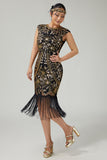 Black Golden Bodycon Fringed Sequins 1920s Dress with 5-Piece Accessories Set