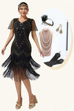 Black Golden Bodycon Fringed V-Neck 1920s Dress with 5-Piece Accessories Set