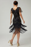 Black Golden Bodycon Fringed V-Neck 1920s Dress with 5-Piece Accessories Set