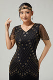 Black Golden Bodycon Fringed V-Neck 1920s Dress with 5-Piece Accessories Set