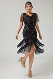 Black Golden Bodycon Fringed V-Neck 1920s Dress with 5-Piece Accessories Set