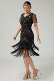 Black Golden Bodycon Fringed V-Neck 1920s Dress with 5-Piece Accessories Set