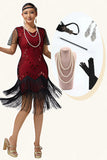Black Red Beaded Bodycon Fringed 1920s Dress with 5-Piece Accessories Set