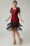Black Red Beaded Bodycon Fringed 1920s Dress with 5-Piece Accessories Set