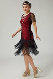 Black Red Beaded Bodycon Fringed 1920s Dress with 5-Piece Accessories Set