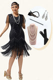 Black Silver Fringed Bodycon Beaded 1920s Dress with 5-Piece Accessories Set