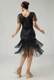 Black Silver Fringed Bodycon Beaded 1920s Dress with 5-Piece Accessories Set