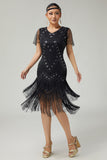 Black Silver Fringed Bodycon Beaded 1920s Dress with 5-Piece Accessories Set