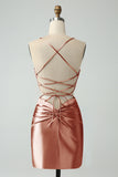 Golden Bodycon Spaghetti Straps Lace-up Back Short Homecoming Dress