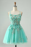 Cute Green A Line Spaghetti Straps Corset Short Homecoming Dress with Appliques