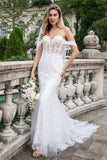 Sparkly Mermaid Off The Shoulder Corset Sequin Wedding Dress with Appliques