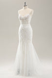 White Mermaid Corset Lace Up Back Wedding Dress with Appliques Lace
