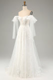 White A-Line Off The Shoulder Corset Wedding Dress with Appliques Lace