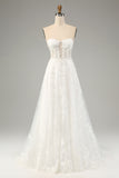 White A-Line Off The Shoulder Corset Wedding Dress with Appliques Lace