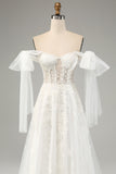 White A-Line Off The Shoulder Corset Wedding Dress with Appliques Lace