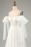 White A-Line Off The Shoulder Corset Wedding Dress with Appliques Lace