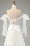 White A-Line Off The Shoulder Corset Wedding Dress with Appliques Lace