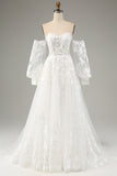White A Line Off The Shoulder Corset Appliques Lace Wedding Dress with Long Sleeves