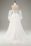White A Line Off The Shoulder Corset Appliques Lace Wedding Dress with Long Sleeves
