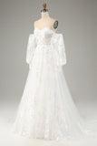 White A Line Off The Shoulder Corset Appliques Lace Wedding Dress with Long Sleeves