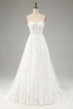 White A Line Off The Shoulder Corset Appliques Lace Wedding Dress with Long Sleeves