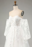White A Line Off The Shoulder Corset Appliques Lace Wedding Dress with Long Sleeves
