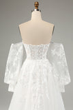 White A Line Off The Shoulder Corset Appliques Lace Wedding Dress with Long Sleeves