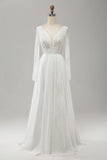 White A Line V Neck Long Sleeve Beach Boho Bridal Dress with Lace Appliqued