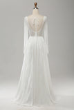 White A Line V Neck Long Sleeve Beach Boho Bridal Dress with Lace Appliqued