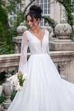 White A Line V Neck Open Back Long Wedding Dress with Appliques Lace