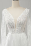 White A Line V Neck Long Sleeves Beach Boho Bridal Dress with Lace Appliqued