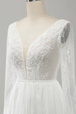 White A Line V Neck Long Sleeves Beach Boho Bridal Dress with Lace Appliqued