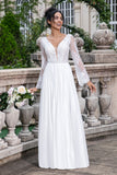 White A Line V Neck Open Back Long Wedding Dress with Appliques Lace